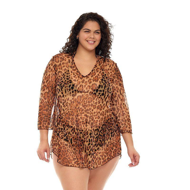 Plus Size Jordan Taylor Animal Print Bell-Sleeve Swim Cover-Up Tunic, Womens Leopard Product Image