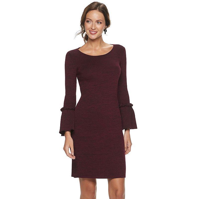 Womens Nina Leonard Bell Sleeve Ribbed Sweater Dress Red Product Image