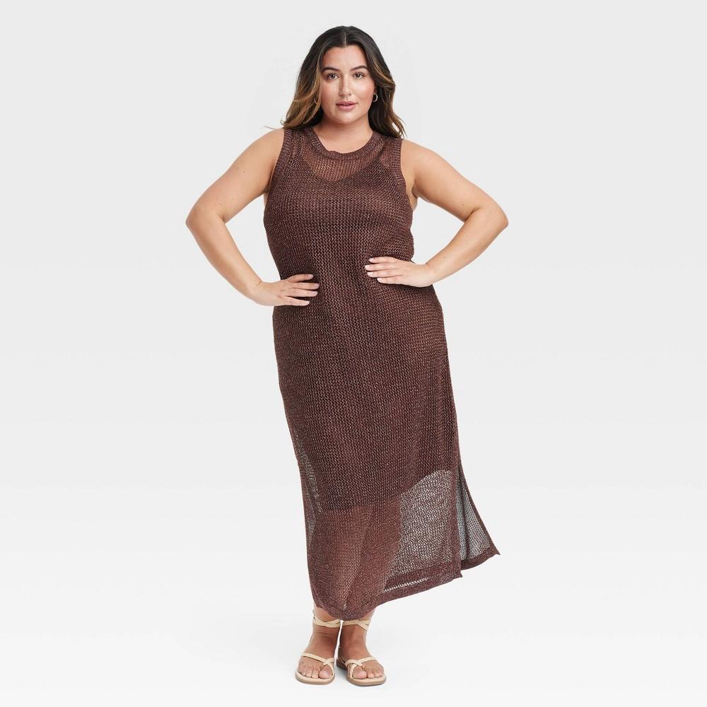 Womens Openwork Midi Tank Dress - A New Day Brown 4X product image