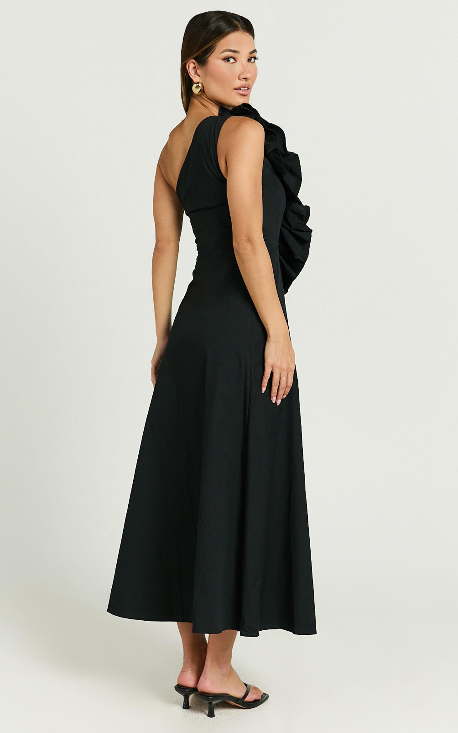 Rita Midi Dress - One Shoulder Ruffle Detail Dress in Black Product Image