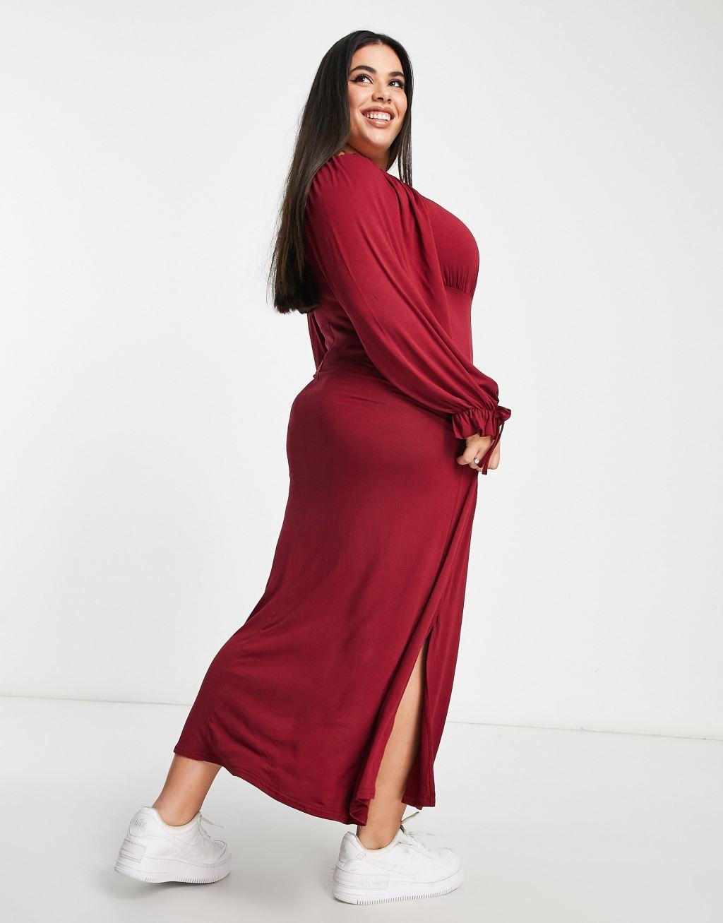 Yours Exclusive milkmaid midi dress in dark red Product Image