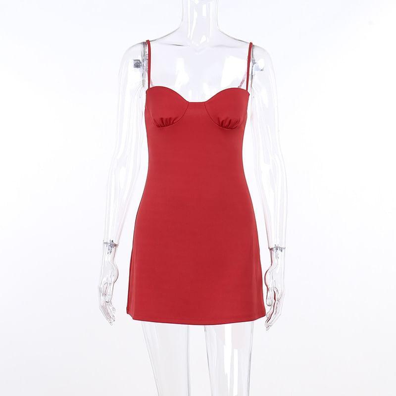 Spaghetti Strap Plain Open Back Mini Bodycon Dress Product Image