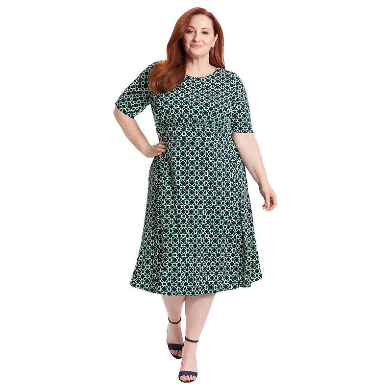 Plus Size London Times Geo Print Elbow Sleeve Inset Waist Midi Dress, Womens Product Image