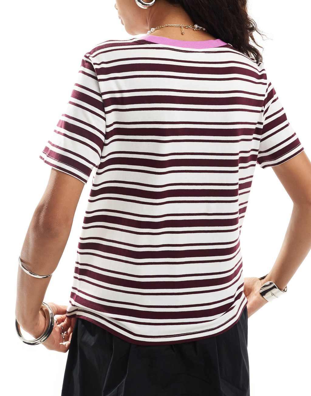 Monki short sleeve t-shirt in burgundy stripe with pink contrast collar Product Image