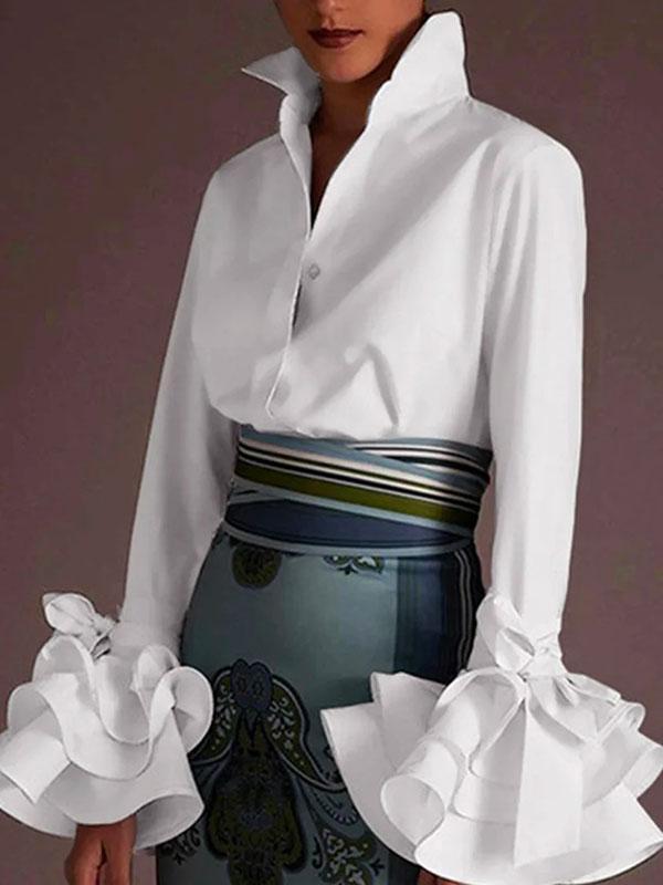 Flared Sleeves Bow-Embellished Falbala Solid Color Lapel Blouses&Shirts Tops Product Image