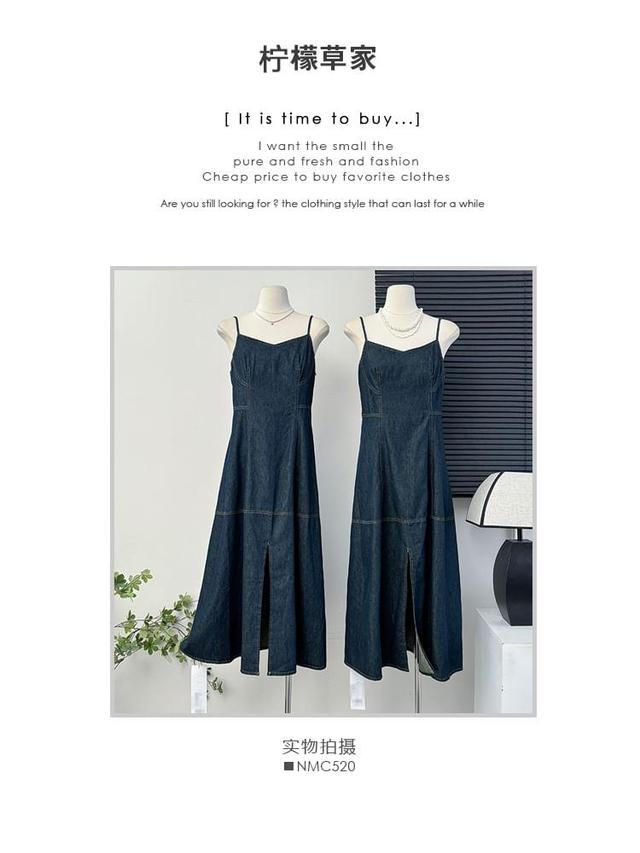 Sleeveless Slit-Front Denim A-Line Midi Dress Product Image