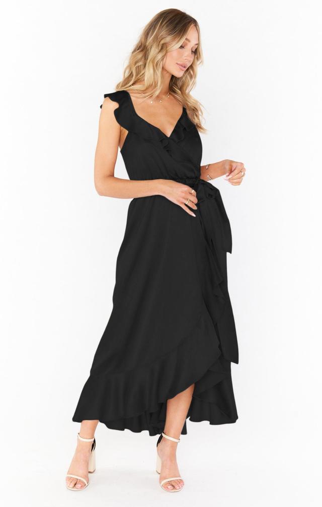 Samantha Ruffle Wrap Dress ~ Black Luxe Satin Product Image