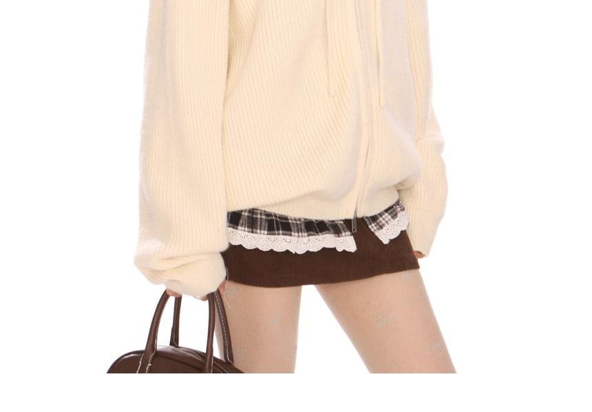 Plaid Panel Drawstring Hooded Ribbed Zip Cardigan Product Image