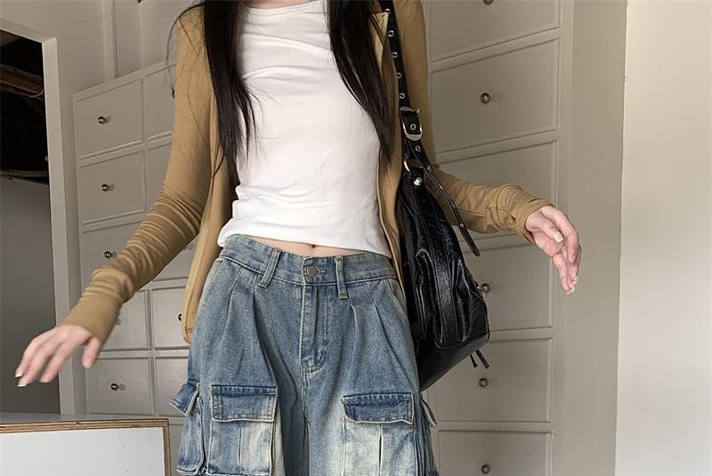 Mid Rise Washed Wide Leg Cargo Jeans Product Image