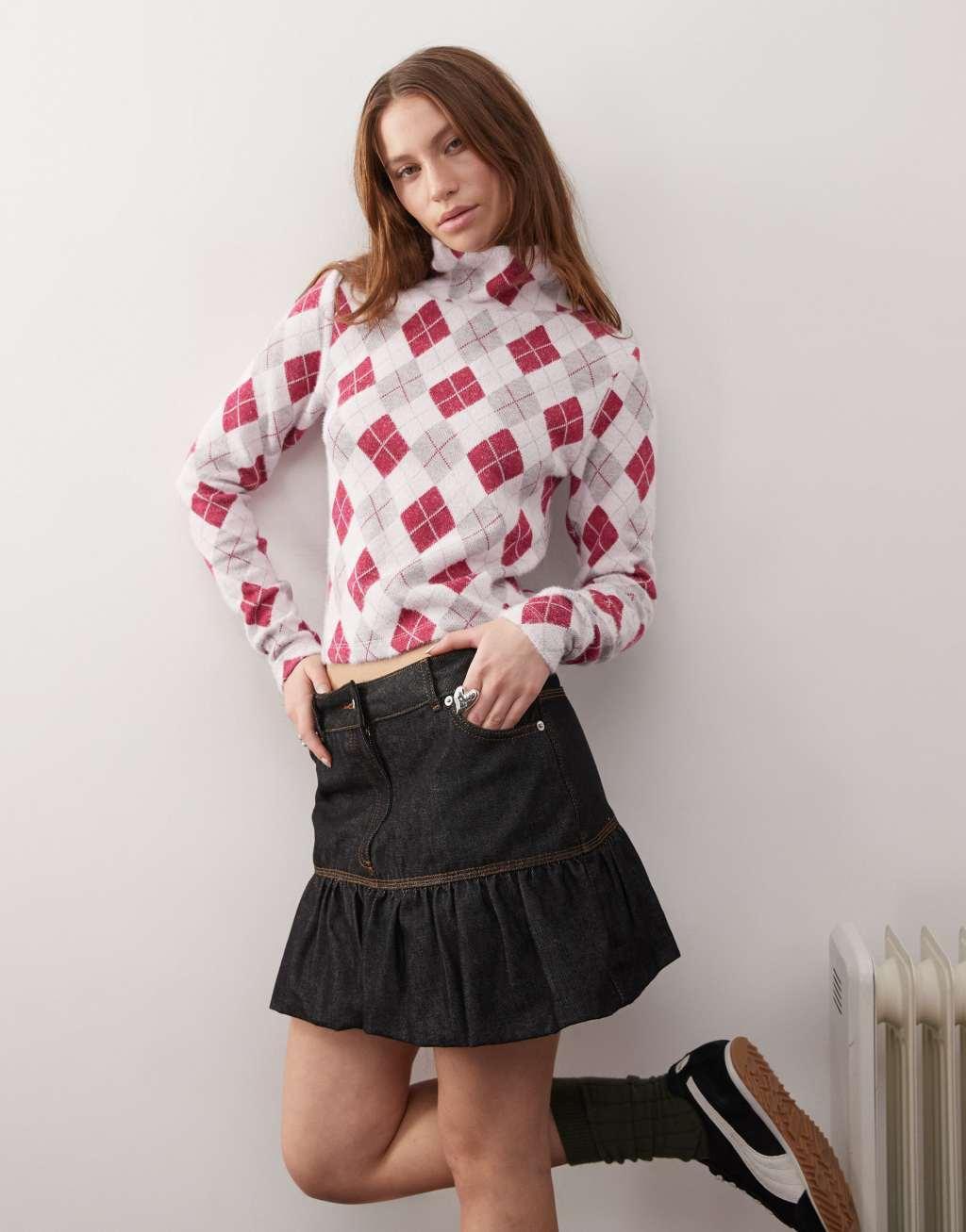 COLLUSION fitted roll neck top in pink retro argyle Product Image