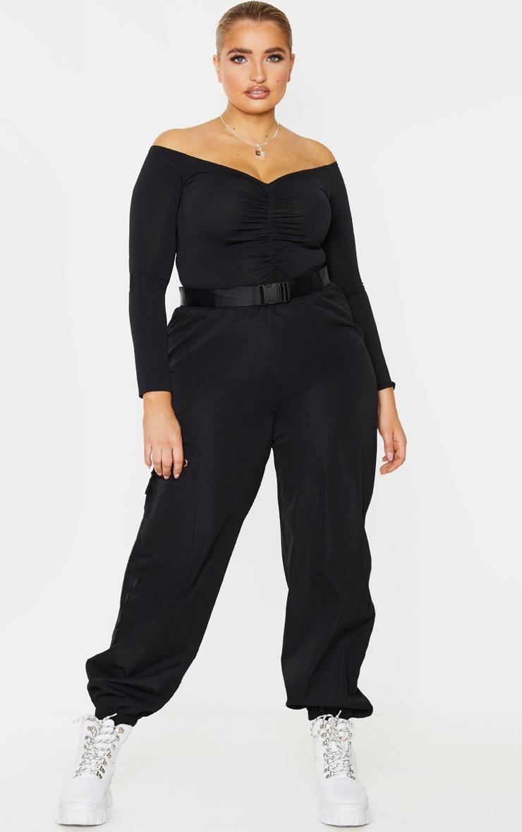 Plus Black Slinky Ruched Front Long Sleeve Crop Top Product Image