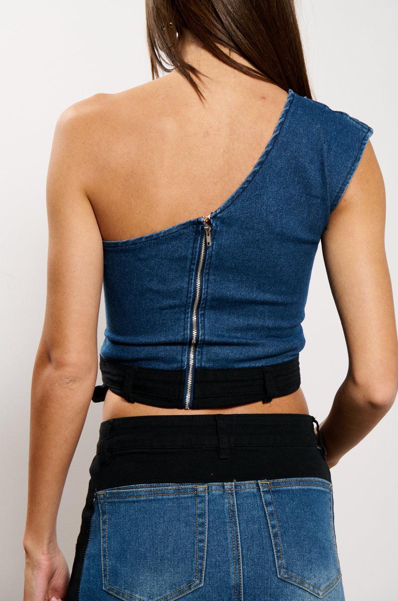 LET IT HAPPEN DENIM ONE SHOULDER TOP Product Image