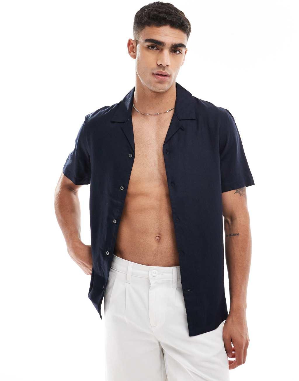 French Connection short sleeve linen revere shirt in navy Product Image