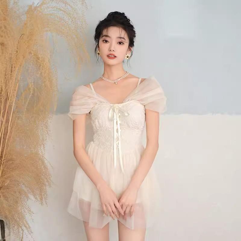 Cap Sleeve V-Neck Plain Lace Up Panel Mesh Swimdress Product Image