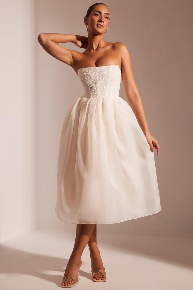 Embellished Corset Tulle Skirt Midi Dress in Ivory Product Image