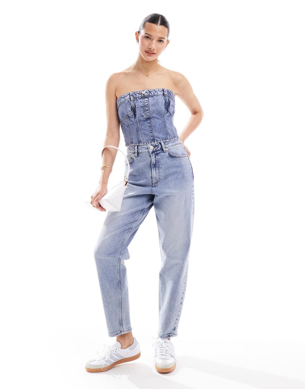 Miss Selfridge denim bandeau top in mid wash Product Image