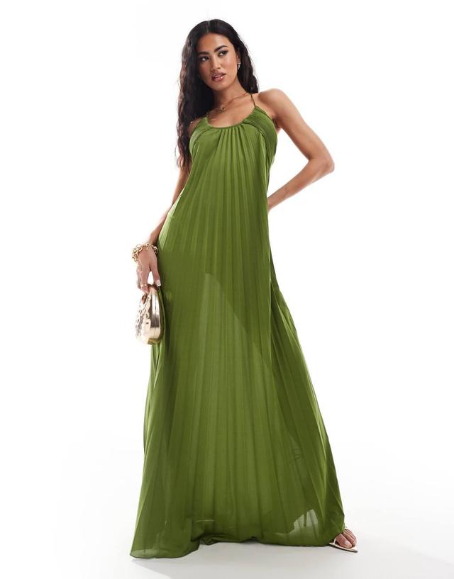 ASOS DESIGN scooped out halter pleated maxi dress in olive Product Image