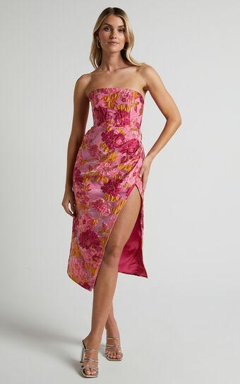 Brailey Midi Dress - Thigh Split Strapless Dress in Pink Jacquard Product Image