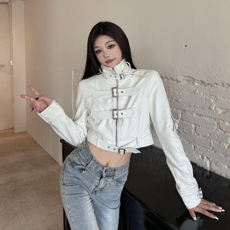 Stand Collar Plain Buckled Zip-Up Faux Leather Crop Jacket Product Image