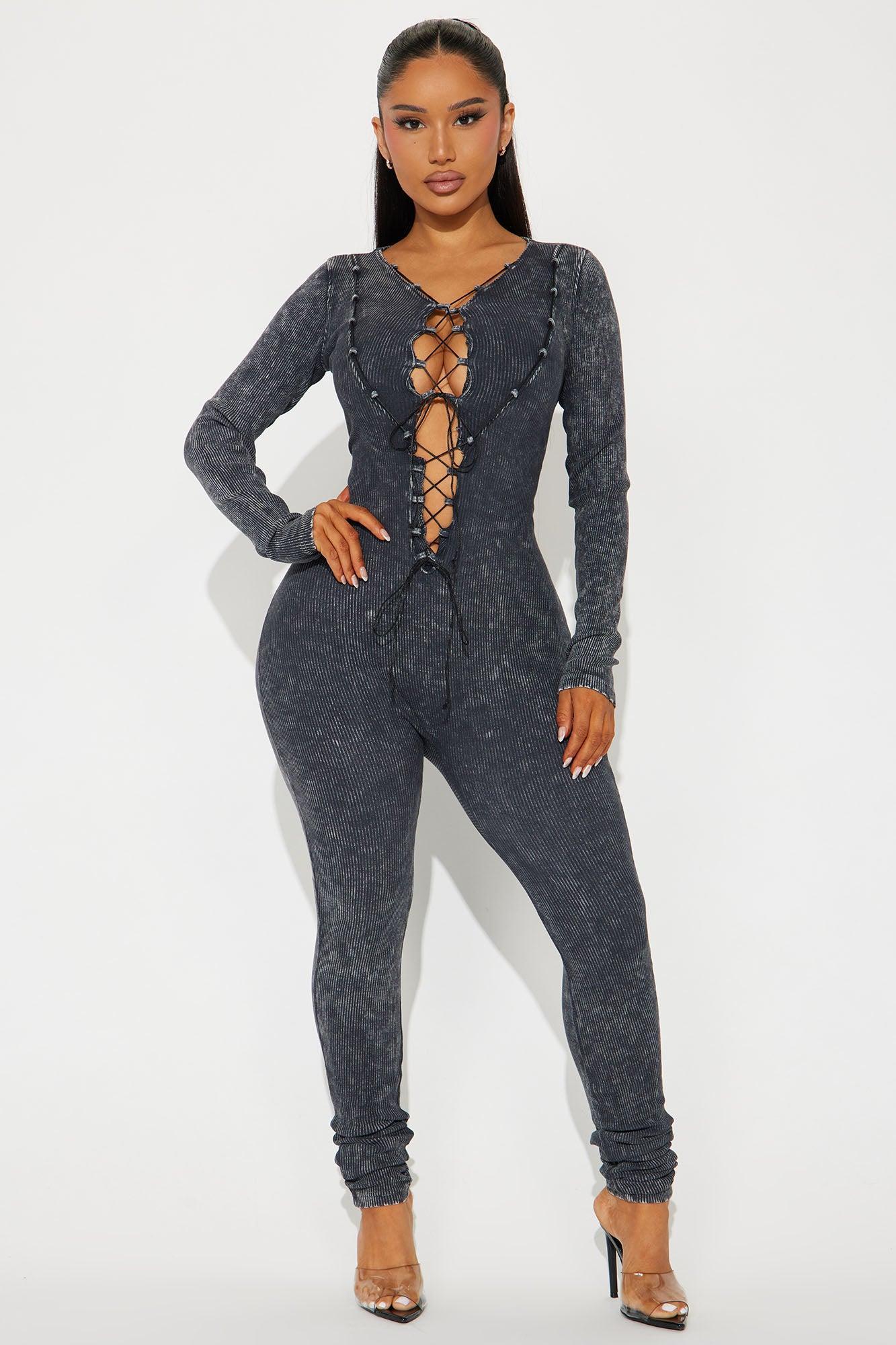 Lace Em Up Jumpsuit - Charcoal Product Image