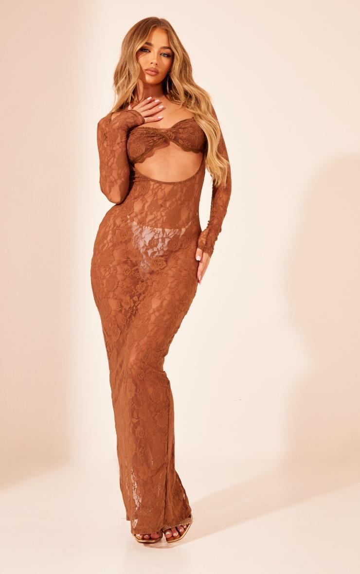 Brown Sheer Lace Bandeau Detail Long Sleeve Maxi Dress product image