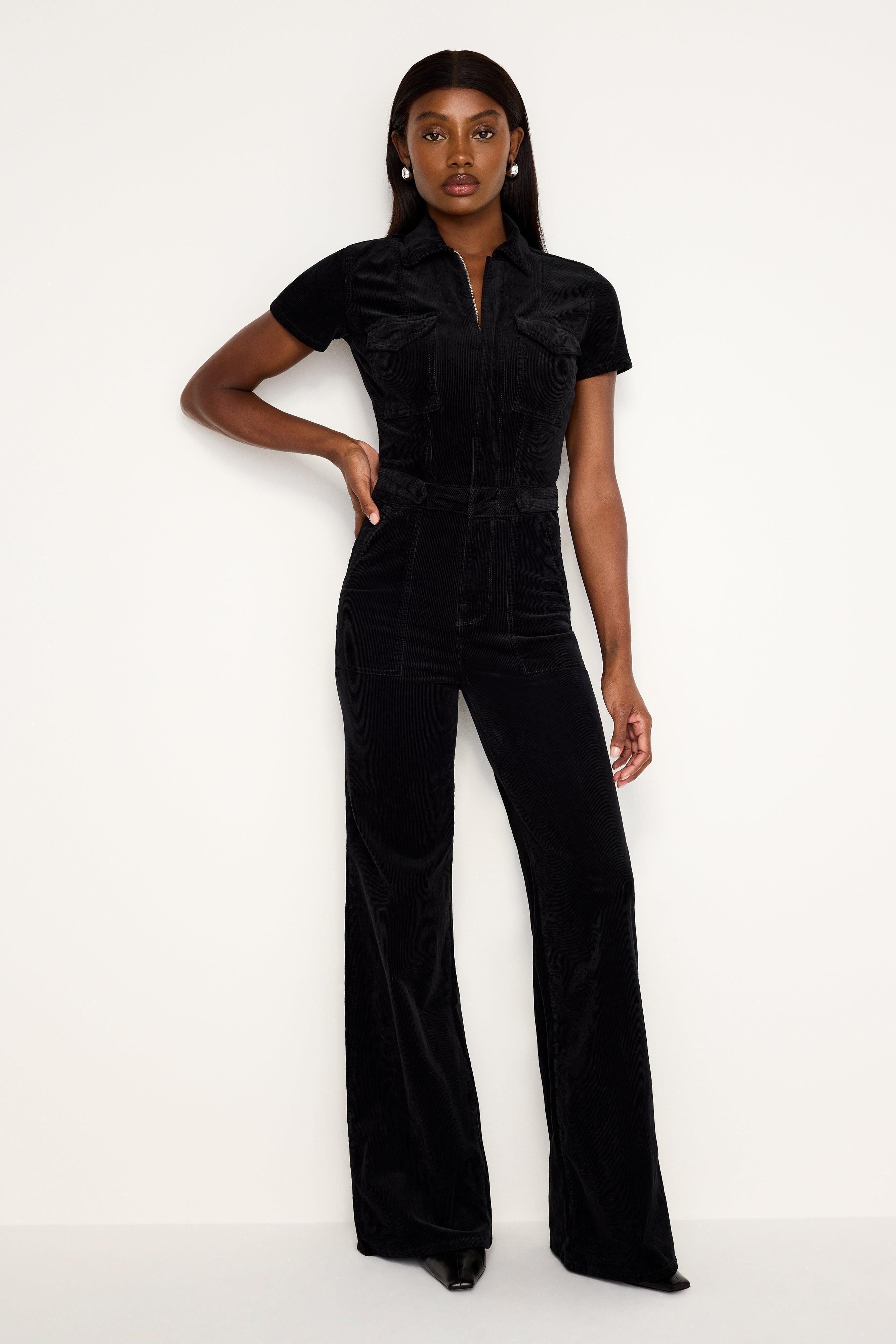 FIT FOR SUCCESS CORDUROY PALAZZO JUMPSUIT | BLACK001 Product Image