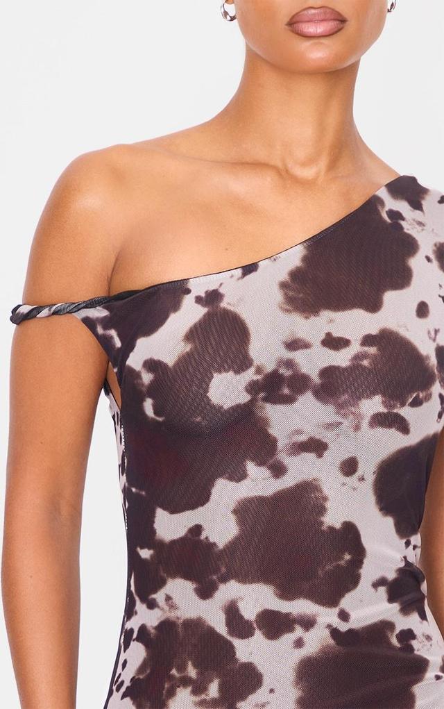 Brown Cow Print Mesh Asymmetric Bodycon Dress Product Image