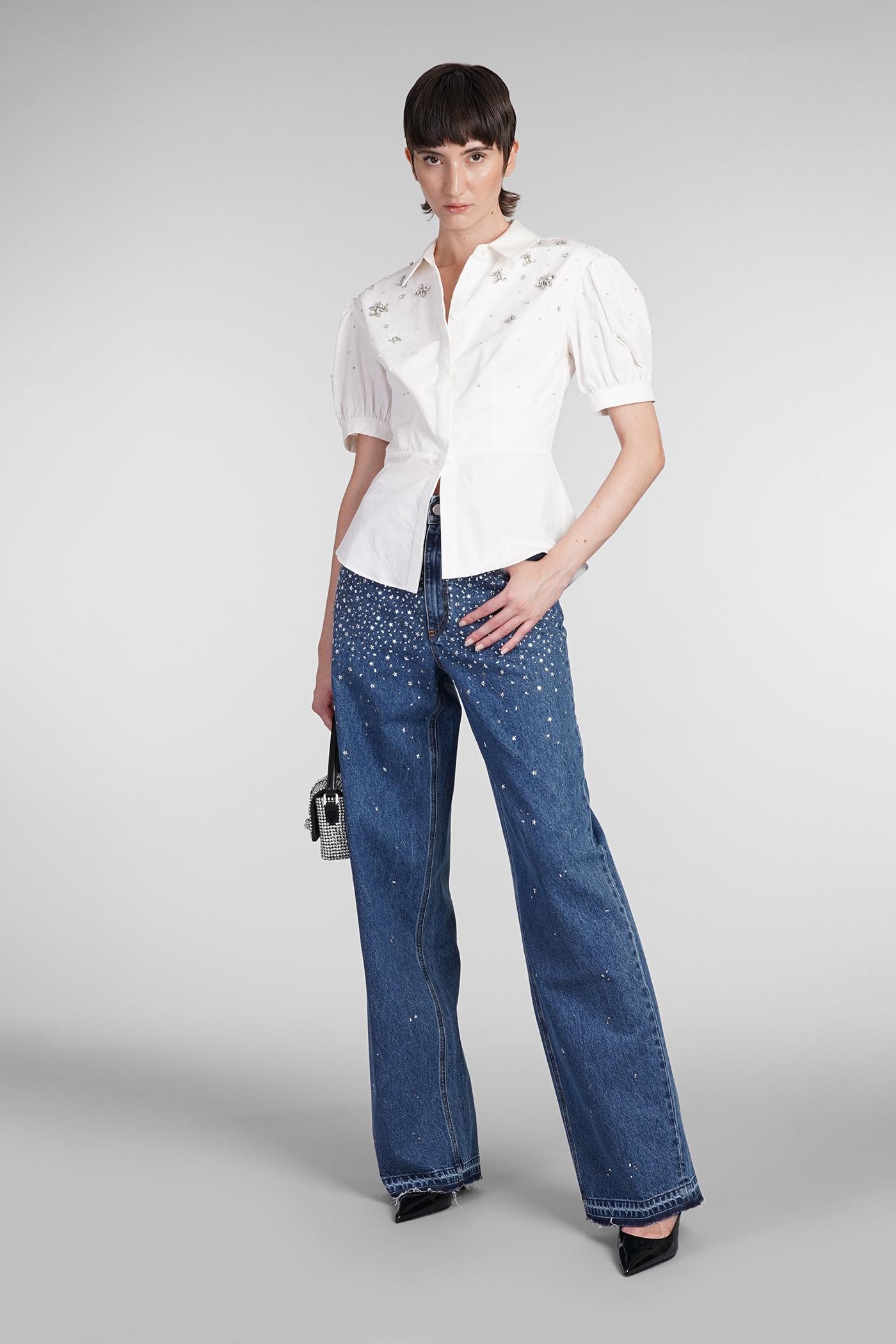 Collared Shirt With Embellished Puff Sleeves In White Product Image