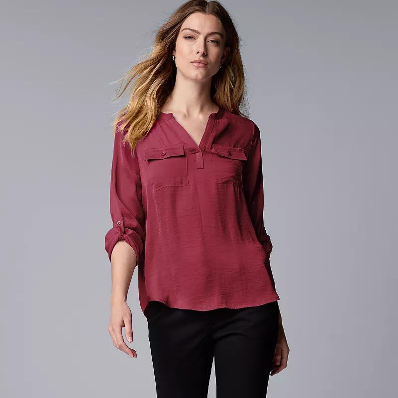 Petite Simply Vera Vera Wang Pockets Roll Tab Popover Blouse, Womens Opulent Red Product Image