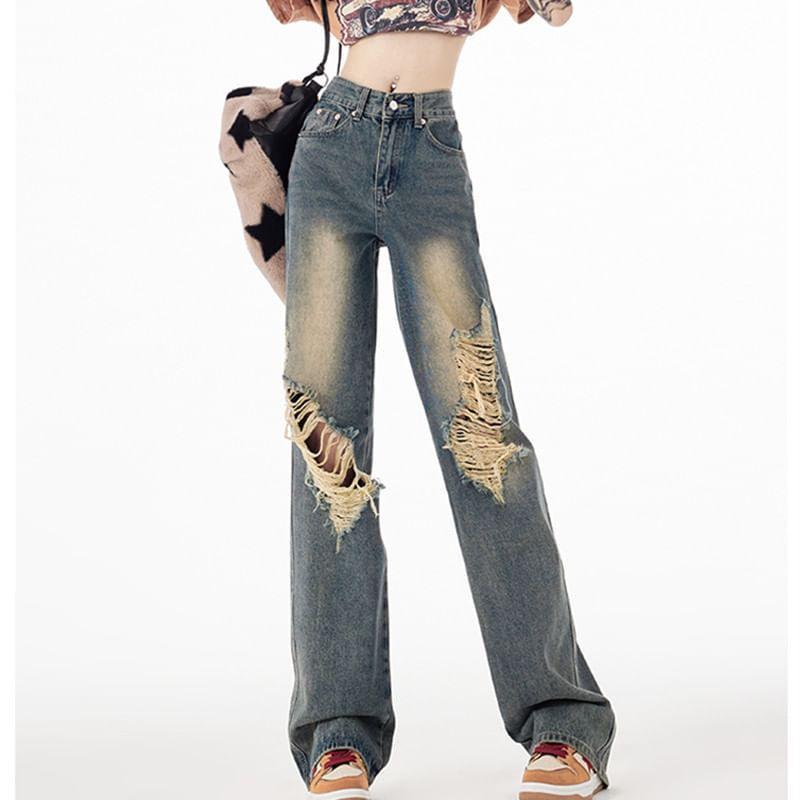 High Waist Washed Distressed Straight-Fit Wide-Leg Jeans Product Image