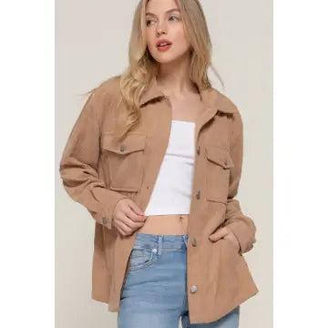 Women's Khaki Long Sleeve Front Pocket Button Down Corduroy Jacket Female Product Image