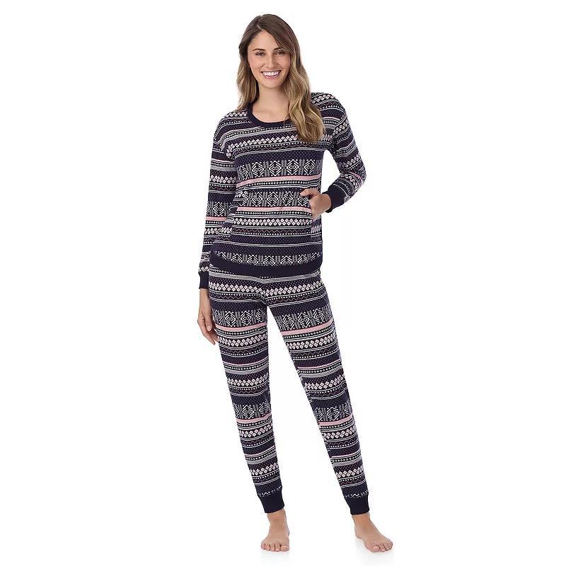 Petite Cuddl Duds Sweater Knit Crewneck Pajama Top & Jogger Pajama Bottoms Set, Womens Blue Fairisle Product Image