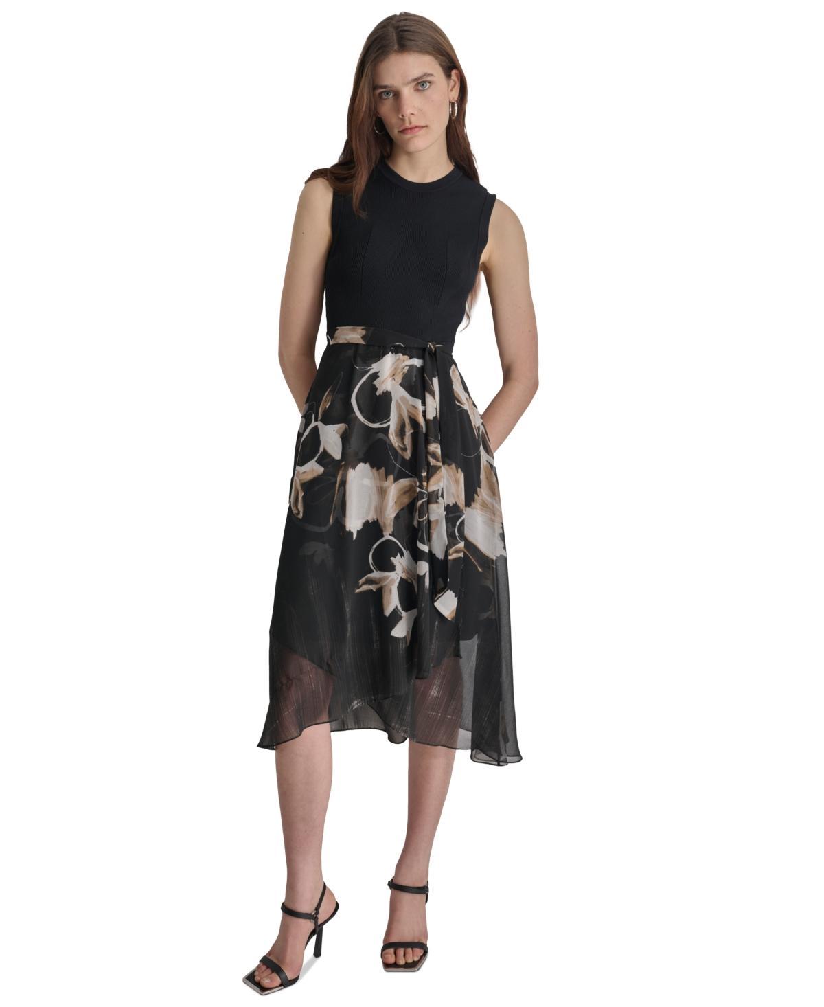 Dkny Womens Mixed-Media Sleeveless Belted Dress Product Image