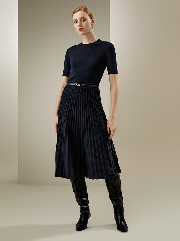 Pleated A-line Merino Wool Skirt Product Image