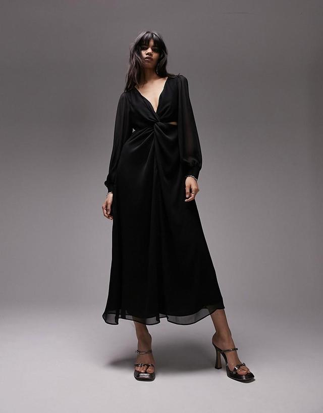 Topshop long sleeve twist cut out midi dress in black Product Image