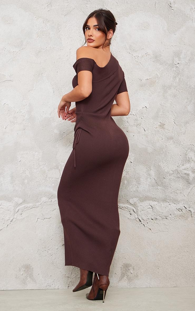 Chocolate Rib Knit Asymmetric Neck Ruched Side Maxi Dress Product Image