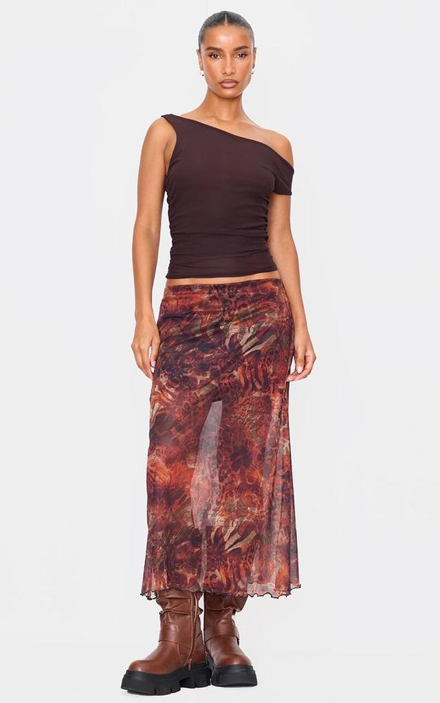 Brown Leopard Print Asymmetric Hem Mesh Midi Skirt Product Image