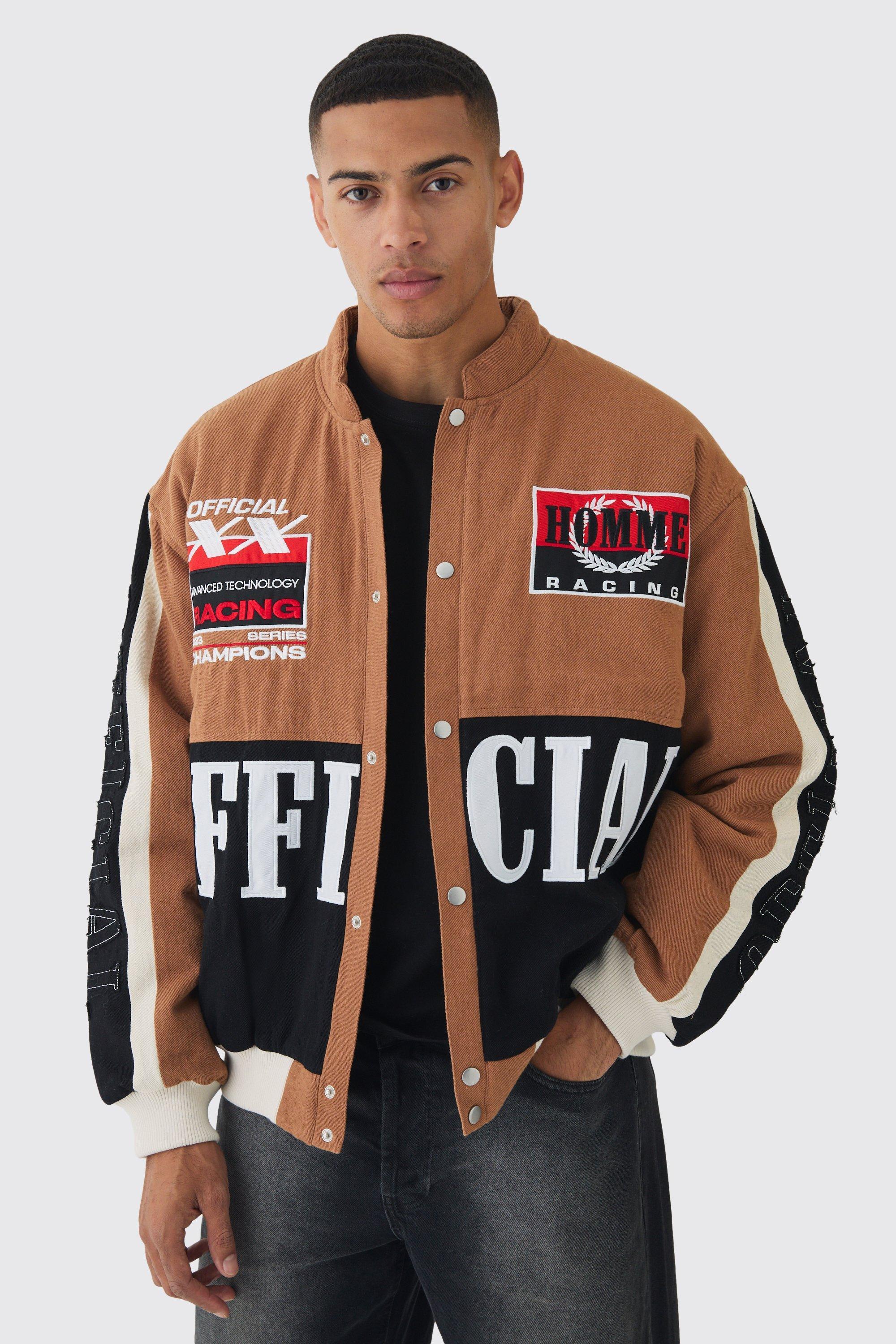 Oversized Official Twill Padded Moto Jacket In Brown | boohooMAN USA Product Image