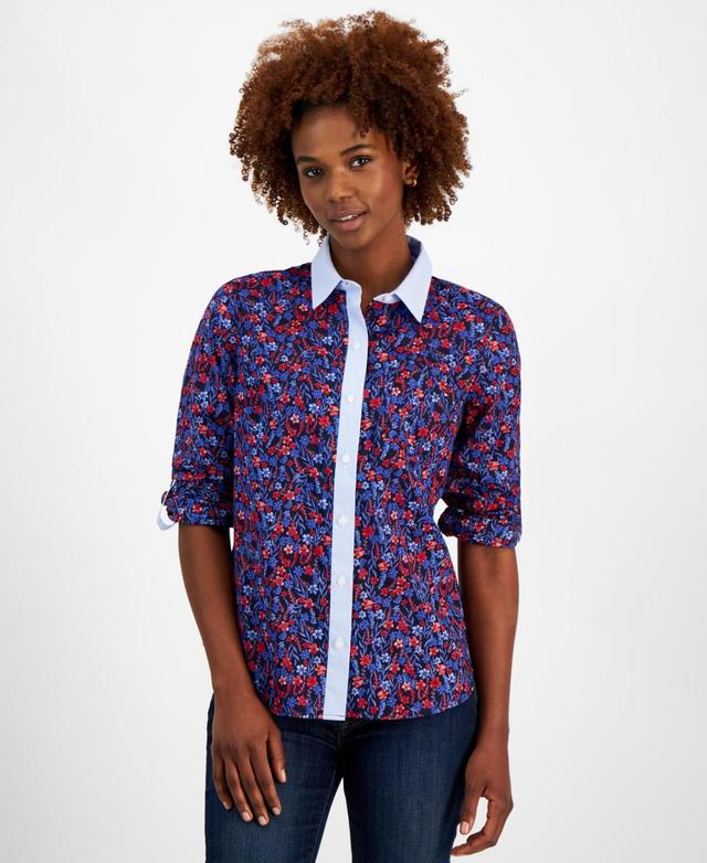 Tommy Hilfiger Womens Cotton Floral Roll-Tab Shirt - Brtwht Product Image