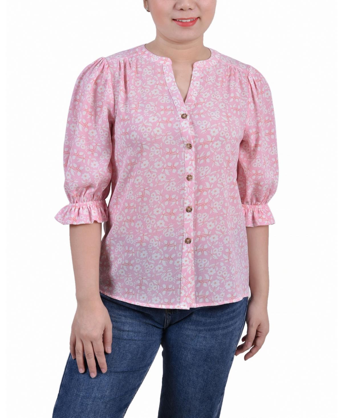 Petite Elbow Sleeve Y-Neck Blouse Product Image