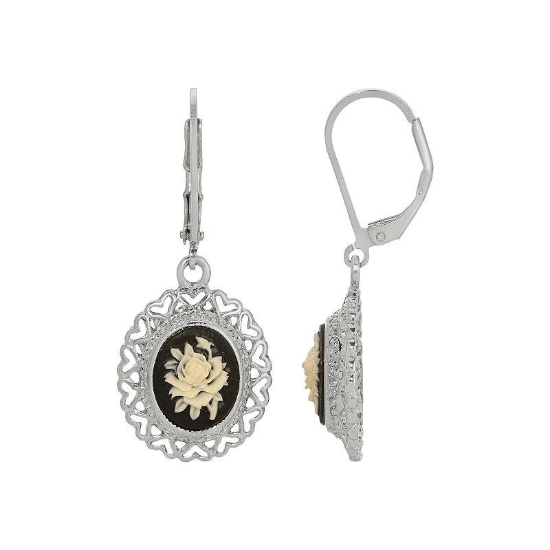 1928 Silver Tone Black & Ivory Flower Cameo Drop Earrings, Womens Product Image