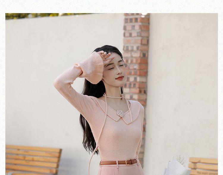 Set: Long-Sleeve Collared Plain Top + High Waist Midi A-Line Skirt Product Image