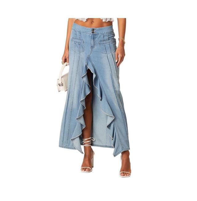 EDIKTED Valencia Ruffle Slit Front Denim Maxi Skirt Product Image