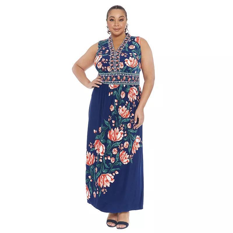 Plus Size London Times V-Neck Sleeveless Maxi Dress, Womens Navy Pink Product Image