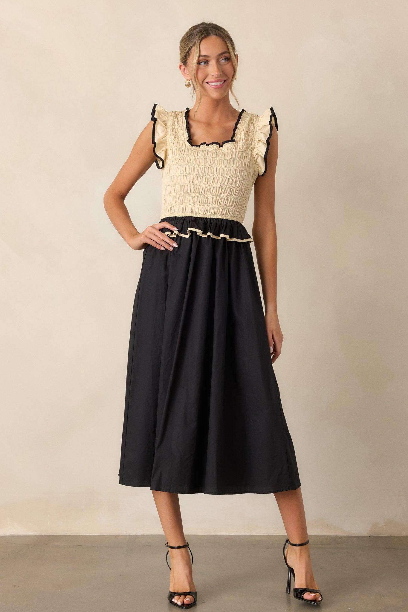 Endless Love Cotton Ivory & Black Smocked Midi Dress Product Image