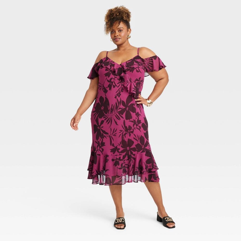 Womens Flutter Midi A-Line Dress - Ava & Viv Purple Floral 2X Product Image