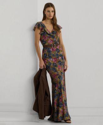 Women's Foiled Jacquard Flutter-Sleeve Gown Product Image