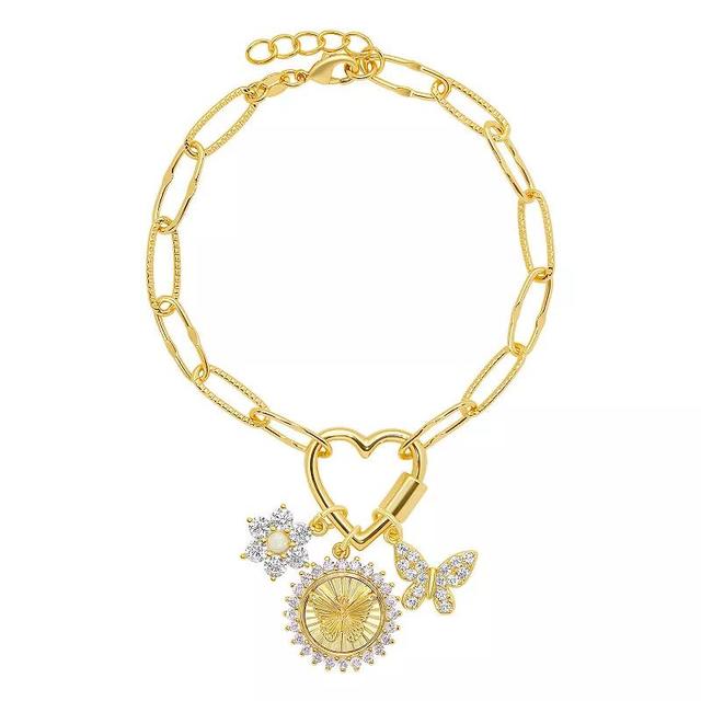 Brilliance 18k Gold Cubic Zirconia and Opal Flower, Butterfly Disc and Butterfly Charm Cluster Bracelet, Womens Gold Tone White Product Image