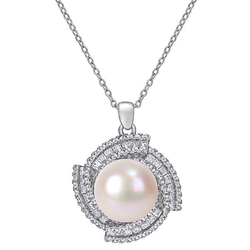 Stella Grace Sterling Silver Cubic Zirconia & Freshwater Cultured Pearl Pendant Necklace, Womens Product Image