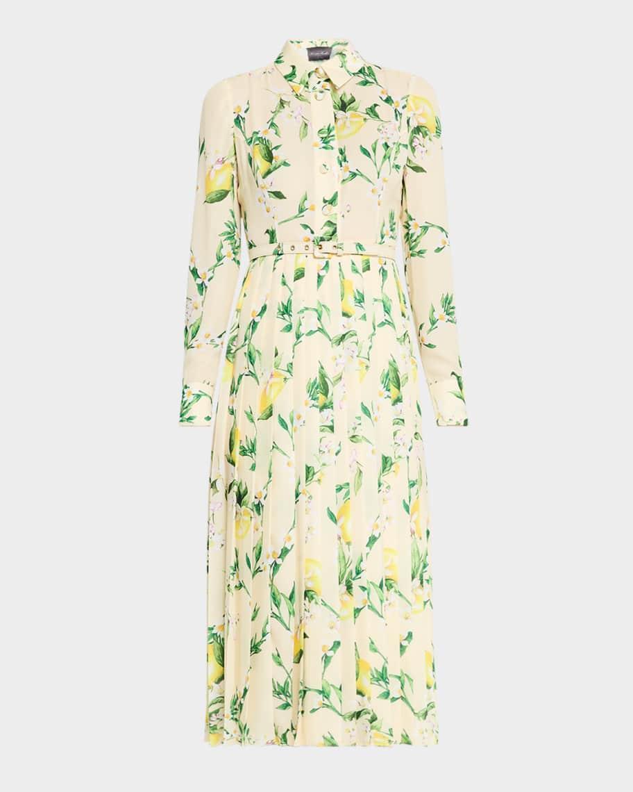 Lemon-Print Long-Sleeve Pleated Midi Shirtdress With Belt Product Image